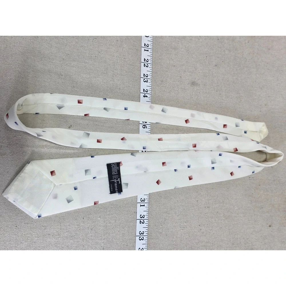 Selina de France Paris Mens Tie White Red Blue Grey Geometric Square Pattern